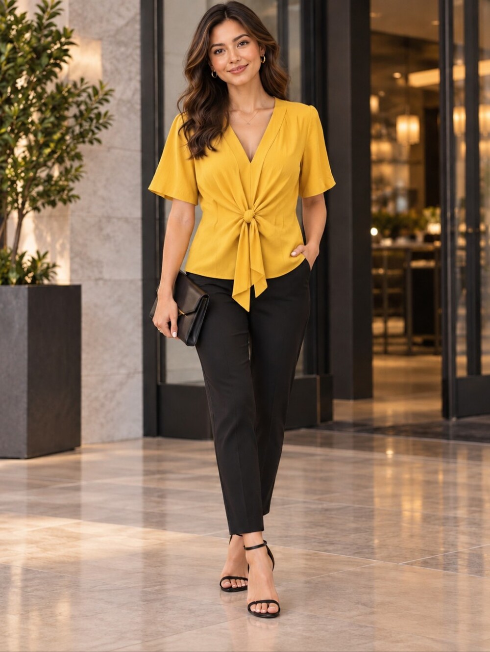 GRACE KARIN Mustard Yellow V-Neck Tie Front Blouse Size Small NWT